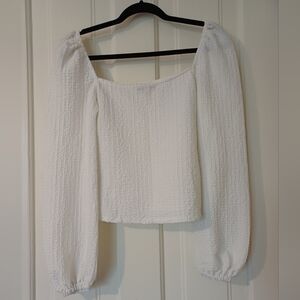 White Square Neck Textured Long Sleeve Top